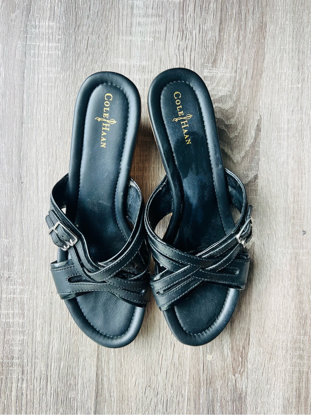 Cole Haan Black Leather Crisscross Mule Sandals